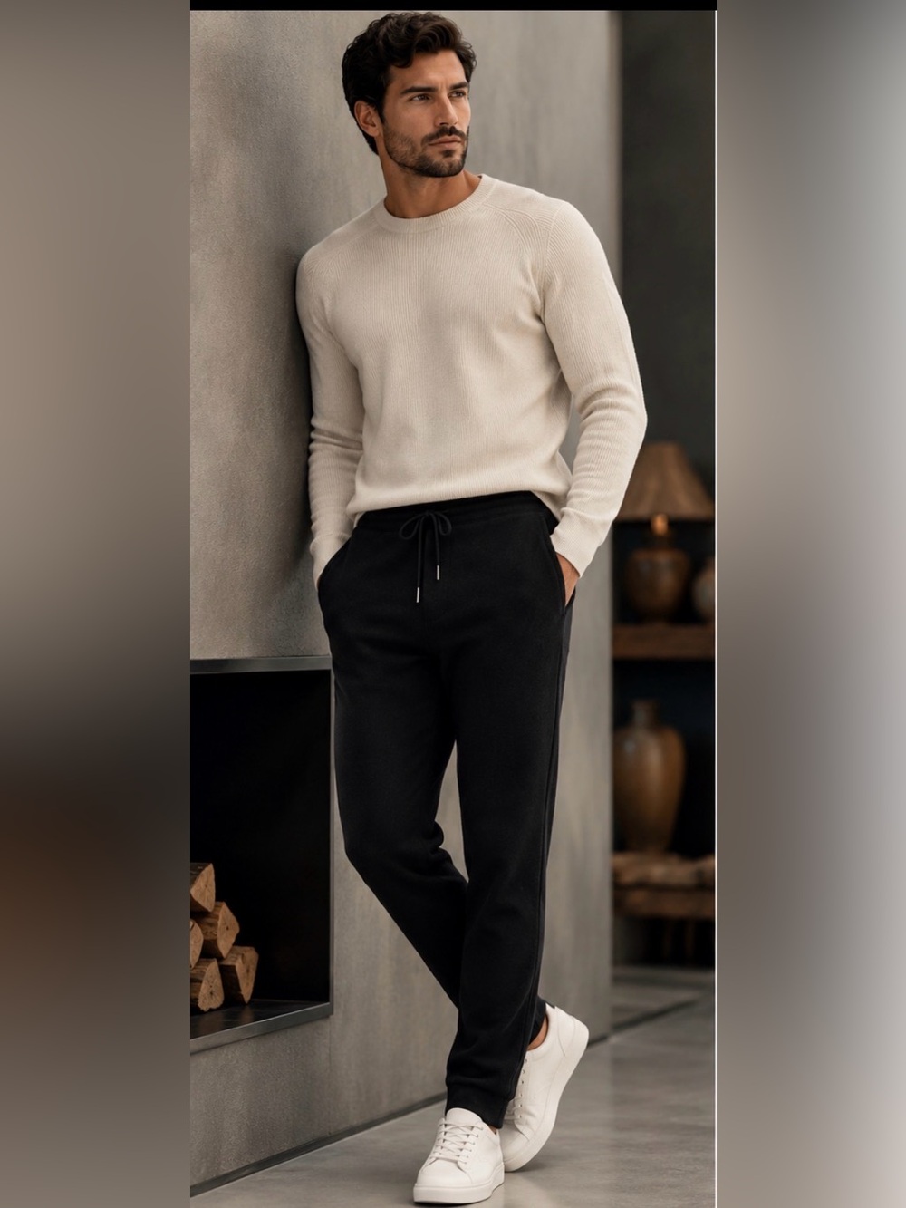 Men's Black Wool Drawstring Casual Pants